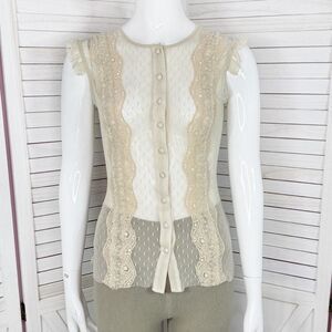 Vintage Express Sheer Lace Mesh Ruffle Coquette Top Blouse Ivory XS Y2K Western